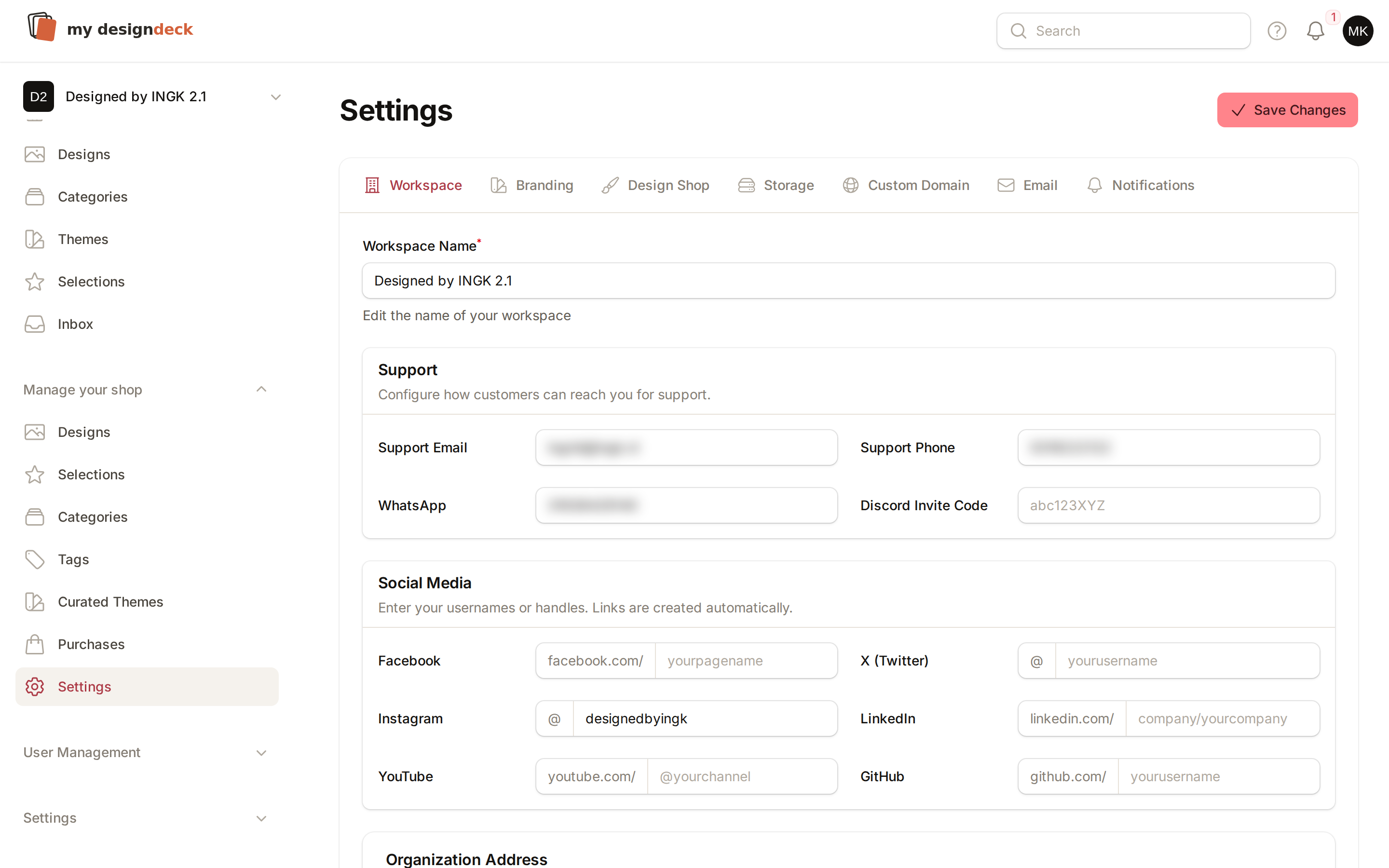 Workspace settings in MyDesignDeck showing branding, custom domain and email options.