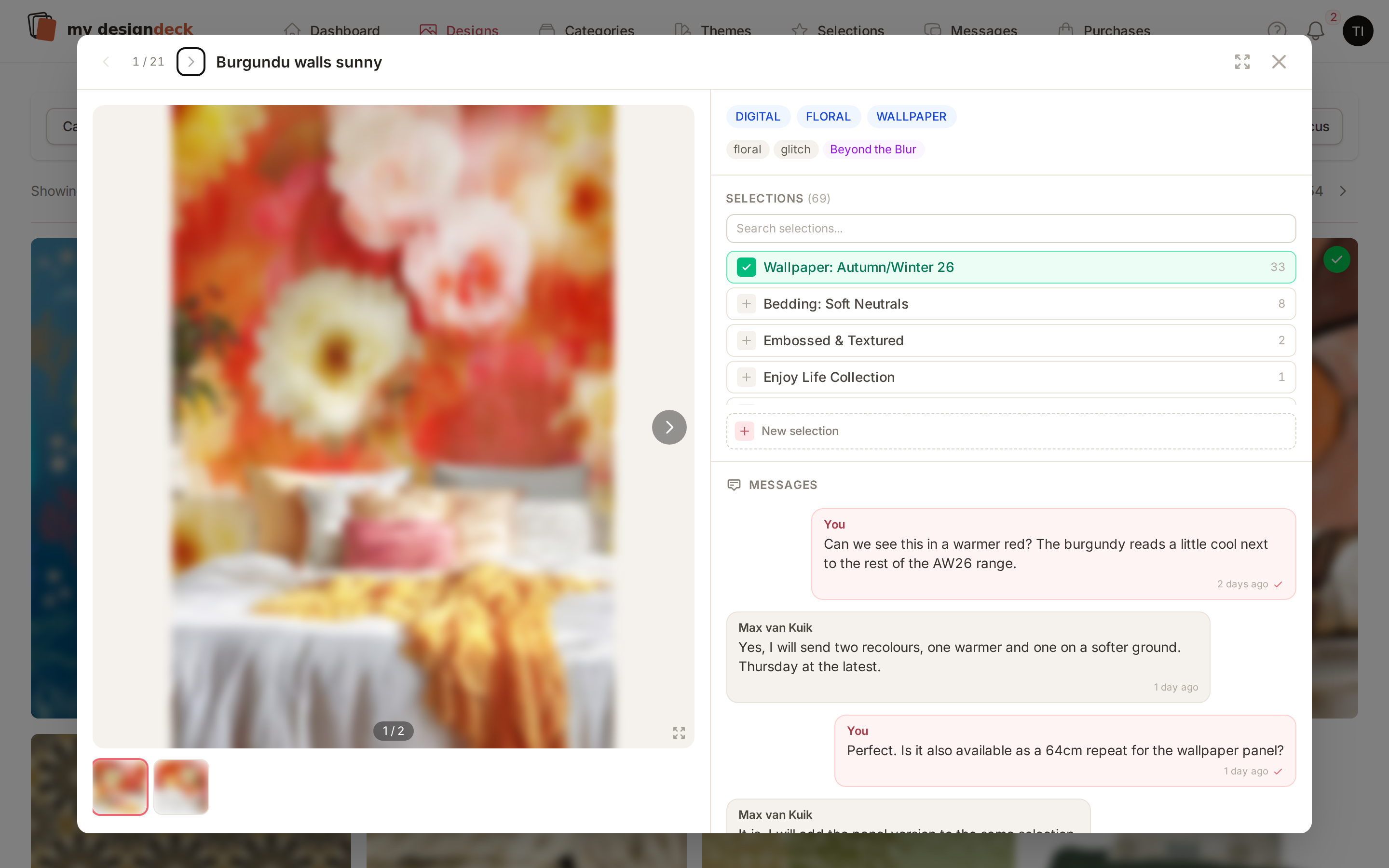 A design opened in MyDesignDeck with its tags, the selections it sits in, and the message thread beside it.