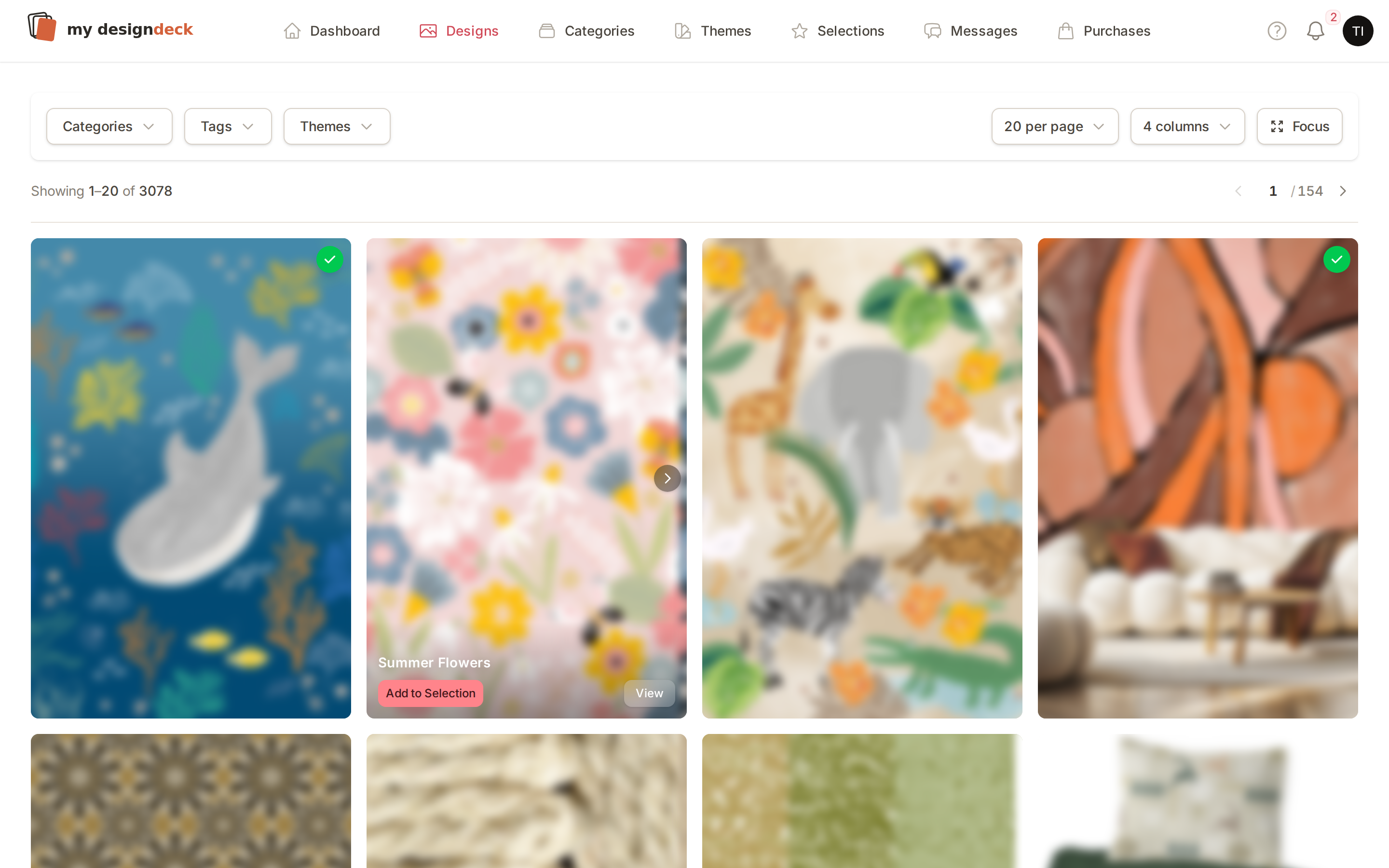 The MyDesignDeck design library as a buyer sees it, with category, tag and theme filters above the grid.
