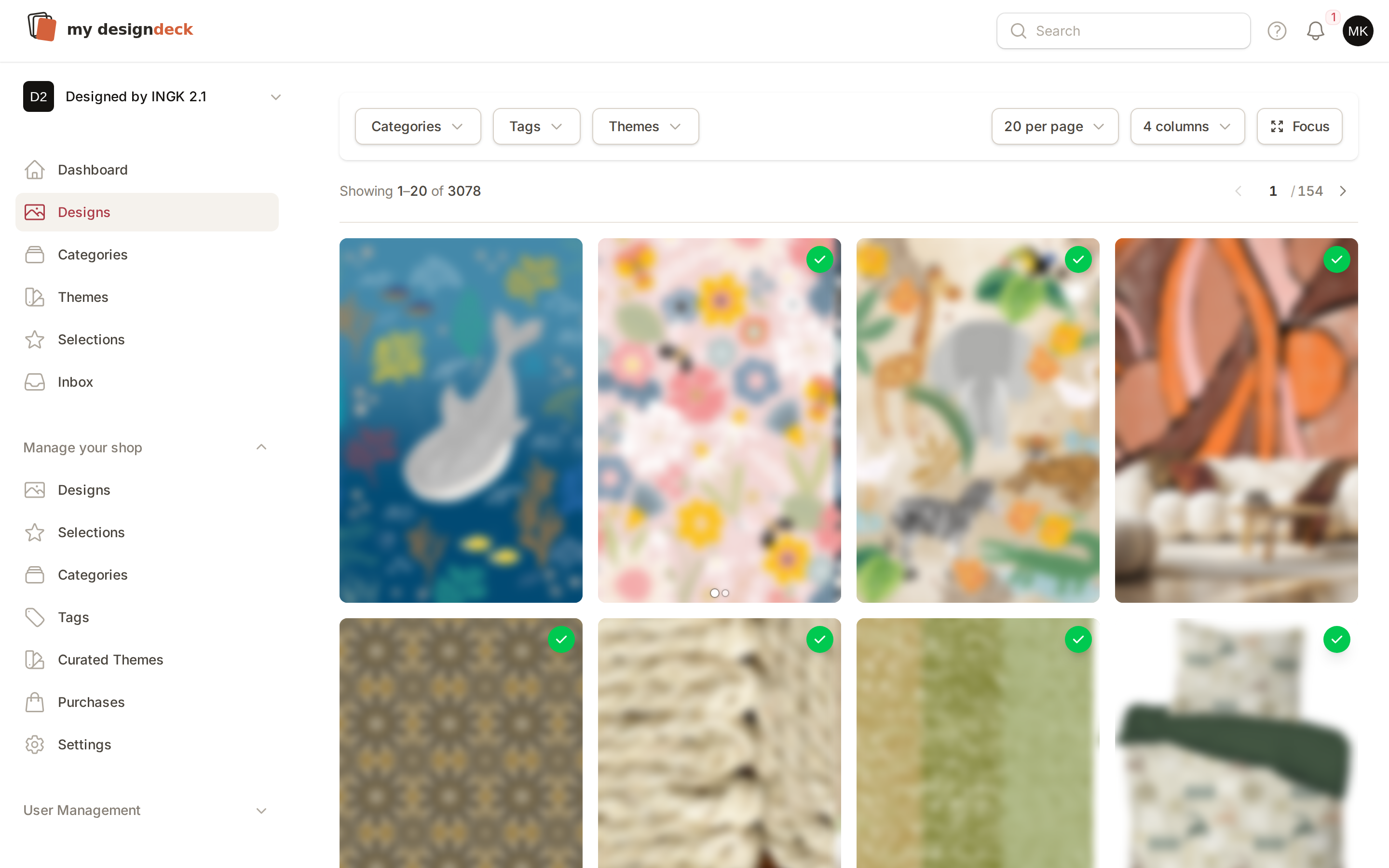 A studio design library in MyDesignDeck: textile prints in a grid, filed by category, theme and tag.